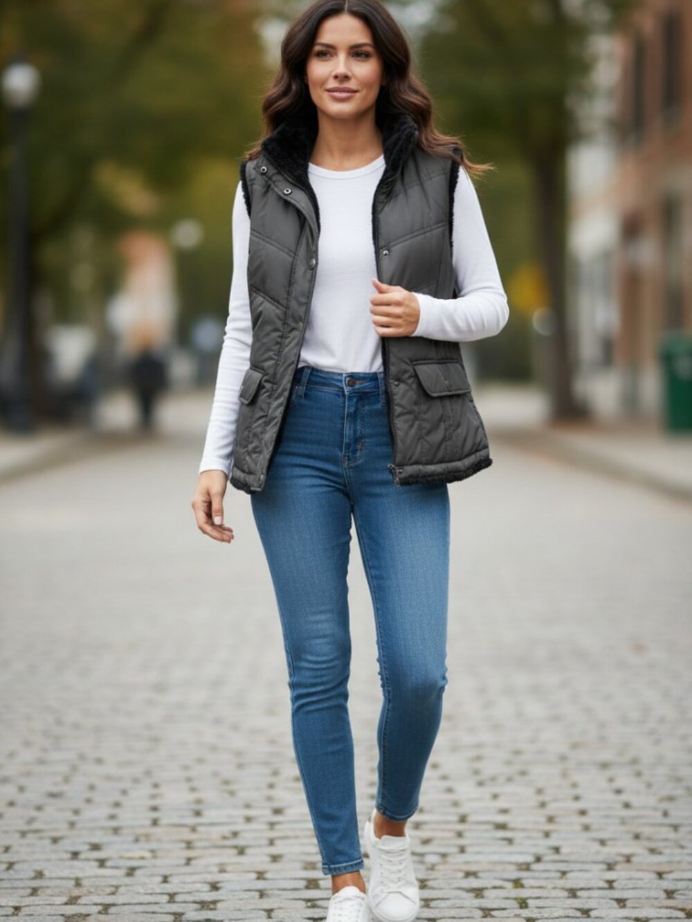 KC Collection‎ Womens Puffer Vest Grey Faux Fur Lined Zip Snap Collar Small